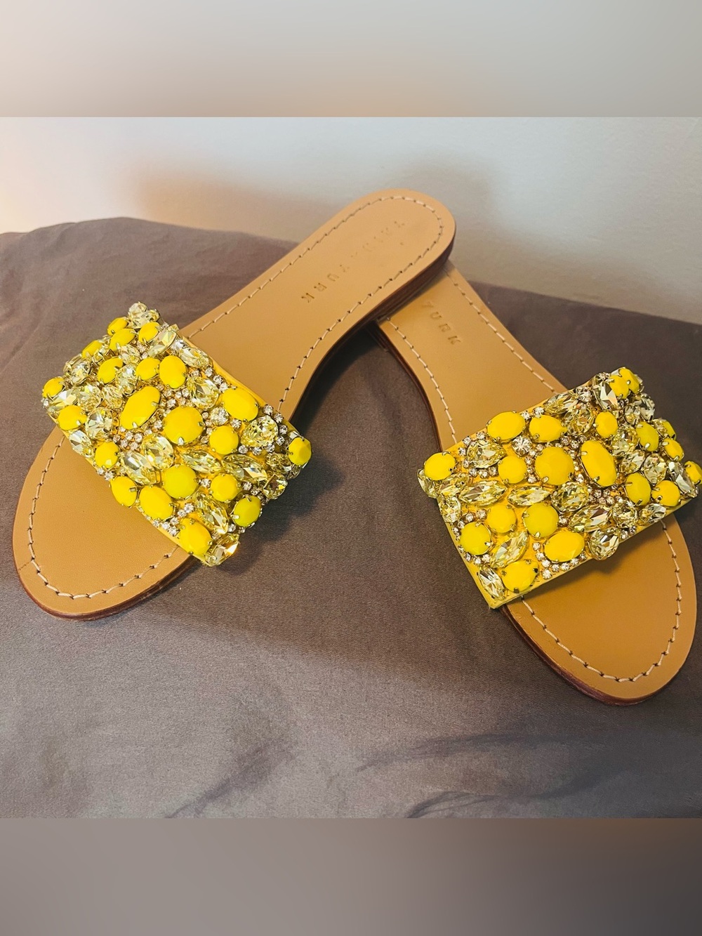 Trina Turk Yellow Jeweled Slide Sandals with Crystal Embellishments